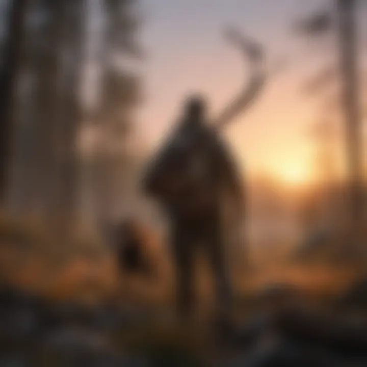 A hunter celebrating a successful hunt at sunset