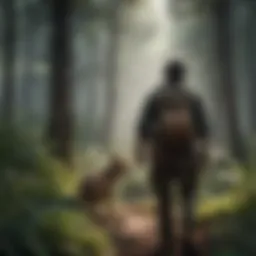 A hunter tracking through the lush forest