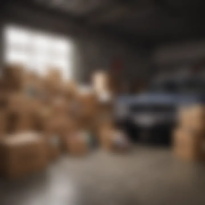 An organized garage filled with labeled boxes of sorted junk ready for drop-off.