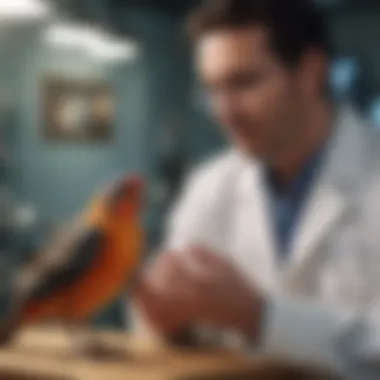 A veterinarian examining a bird in a clinical setting.