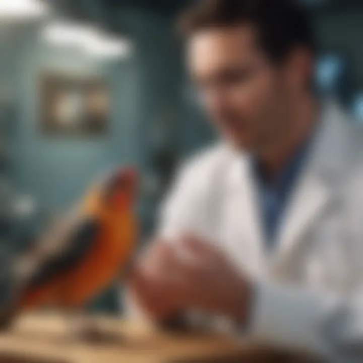 A veterinarian examining a bird in a clinical setting.