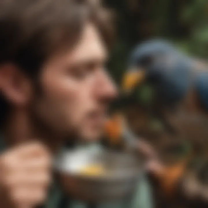 Wildlife rehabilitator feeding a recovering injured bird