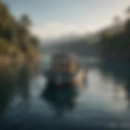 Wide fishing boat navigating through pristine waters.