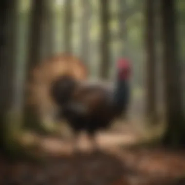 Wild turkey foraging in forest undergrowth