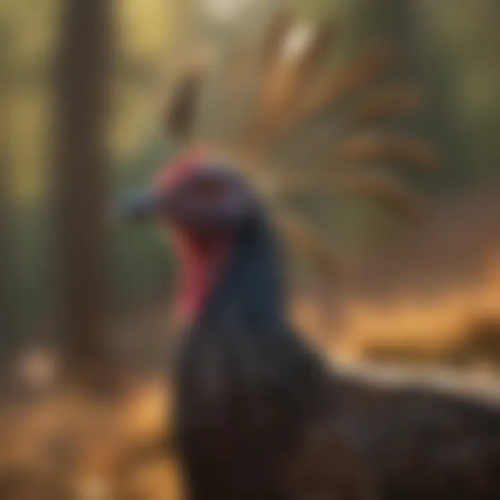 Close-up of a wild turkey displaying plumage