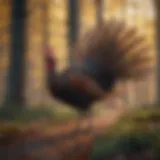 A wild turkey strutting in a forest setting