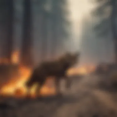 Illustration of wildlife fleeing from approaching wildfire