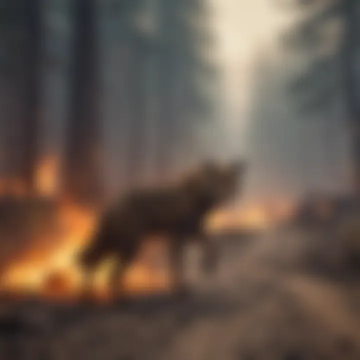 Illustration of wildlife fleeing from approaching wildfire