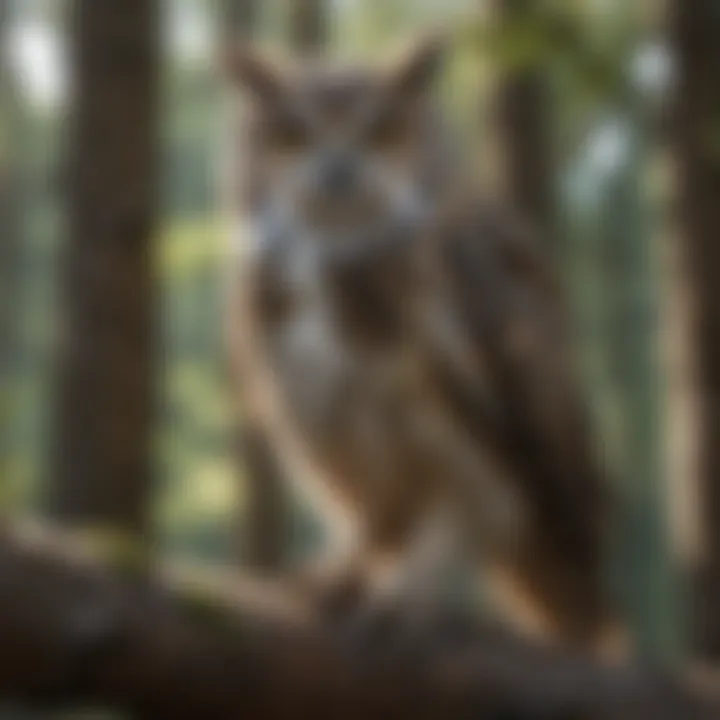 Wildlife rehabilitated owl perched on a branch in nature