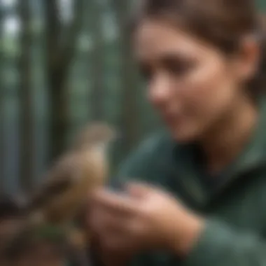 Wildlife rehabilitation volunteer caring for injured bird